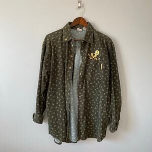 Vintage Looney Tunes Tweety Falling Leaves Corduroy Button Up Green sz L